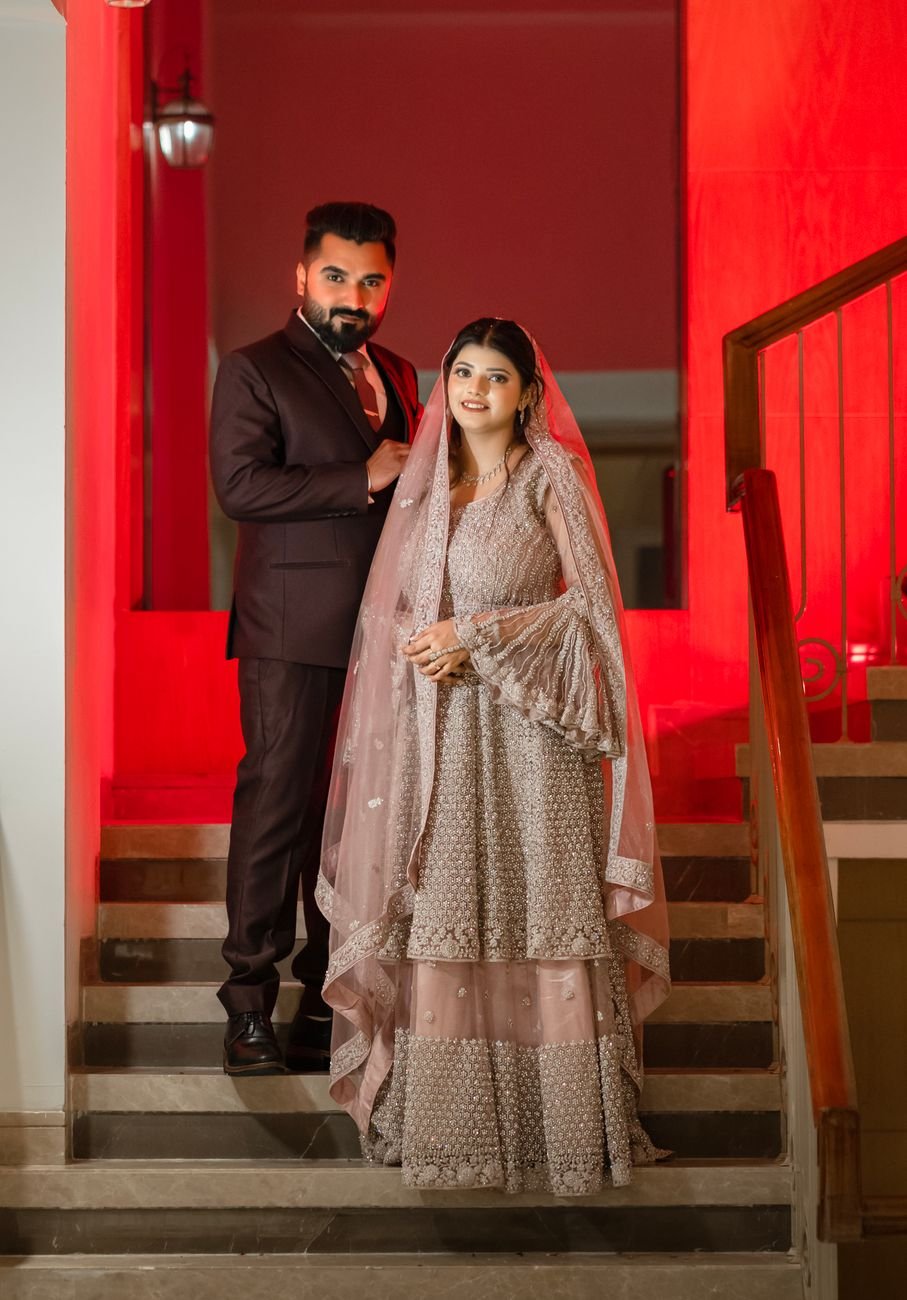 elegant wedding couple on staircase