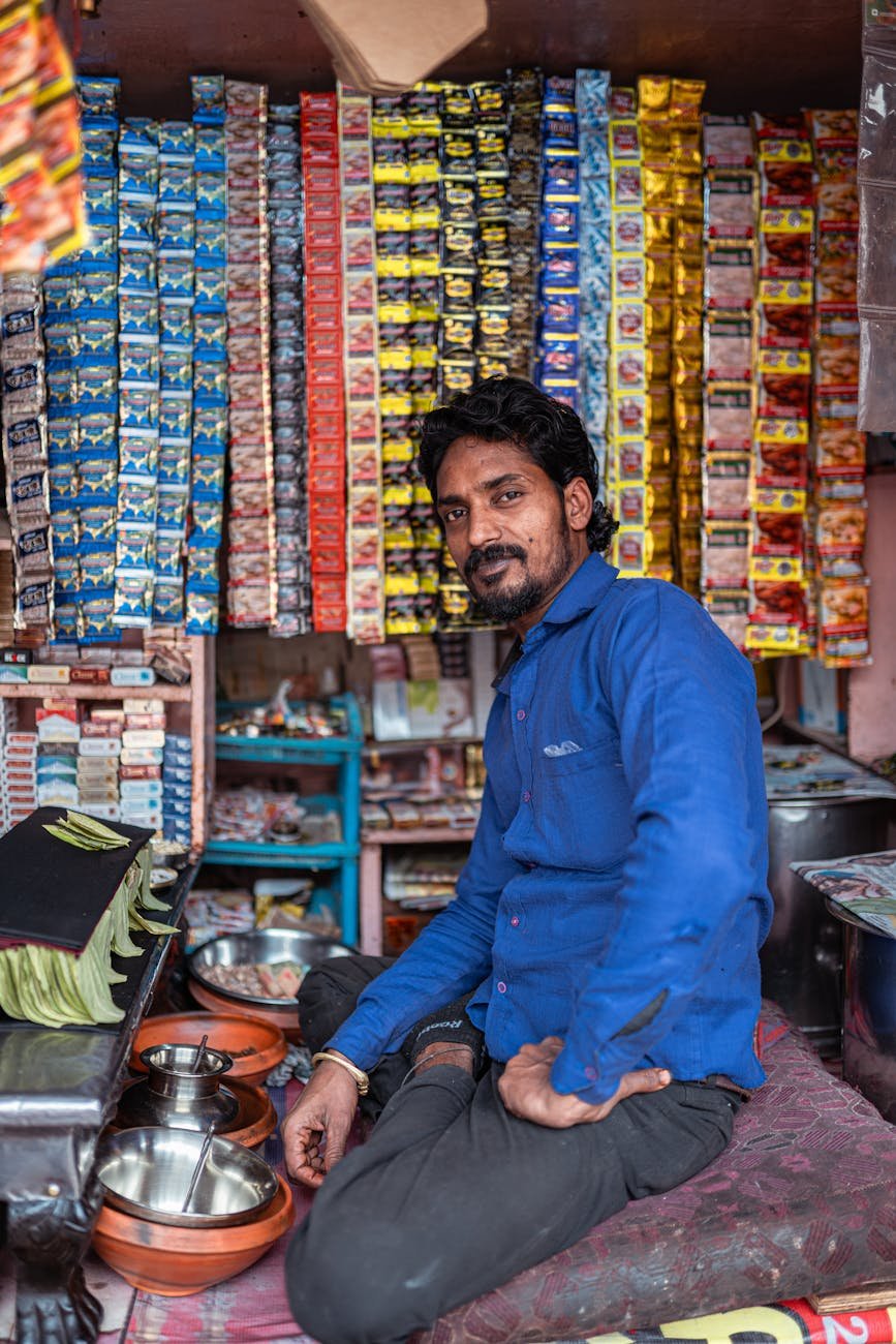 street vendor in varanasi india with colorful display