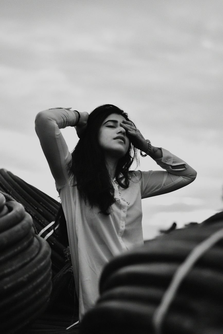 grayscale photography of woman