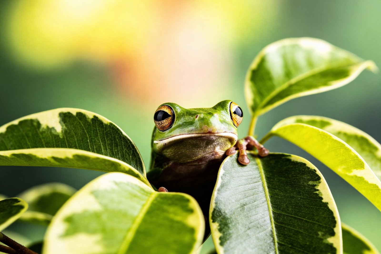 close up of green tree frog on vibrant foliage
