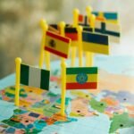 toy flags pinned on world map