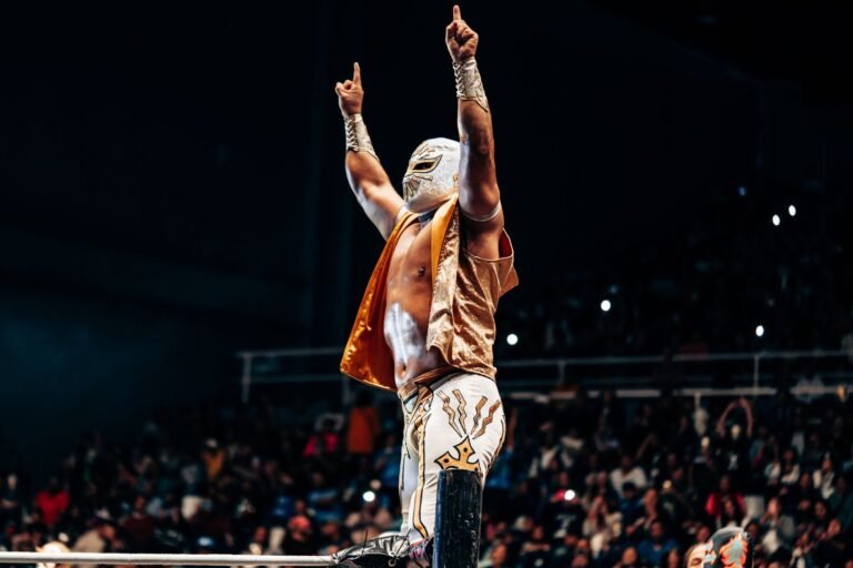 luchador celebrating in mexican wrestling arena