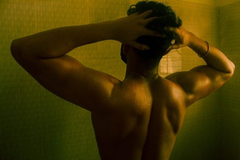 cinematic shower scene with muscular silhouette