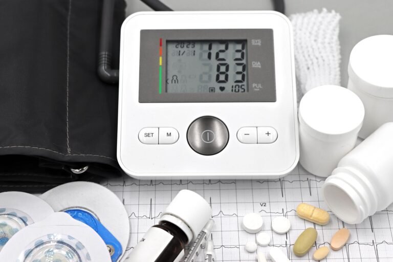 medical equipment with pills and ecg printout