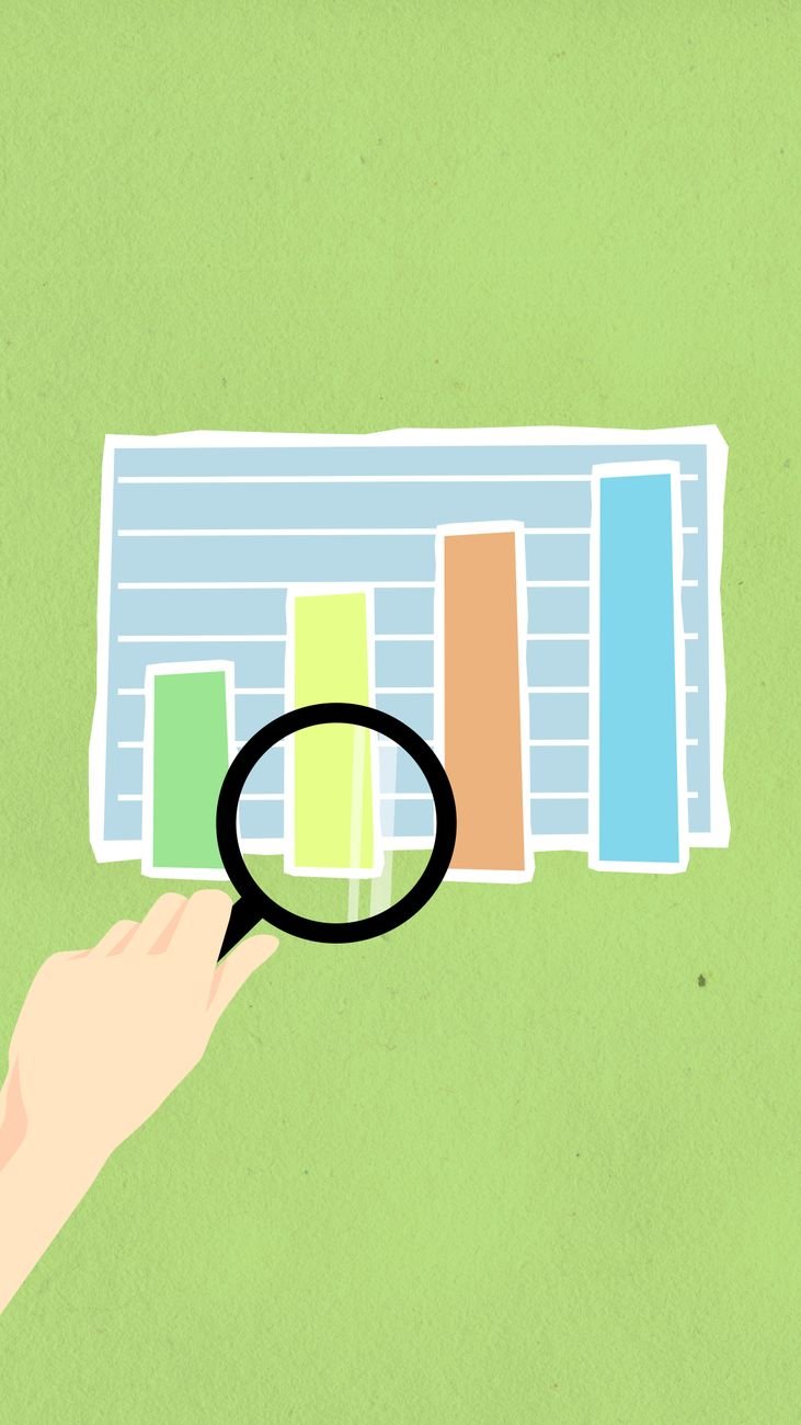 cutout paper appliques of hand with magnifier and chart