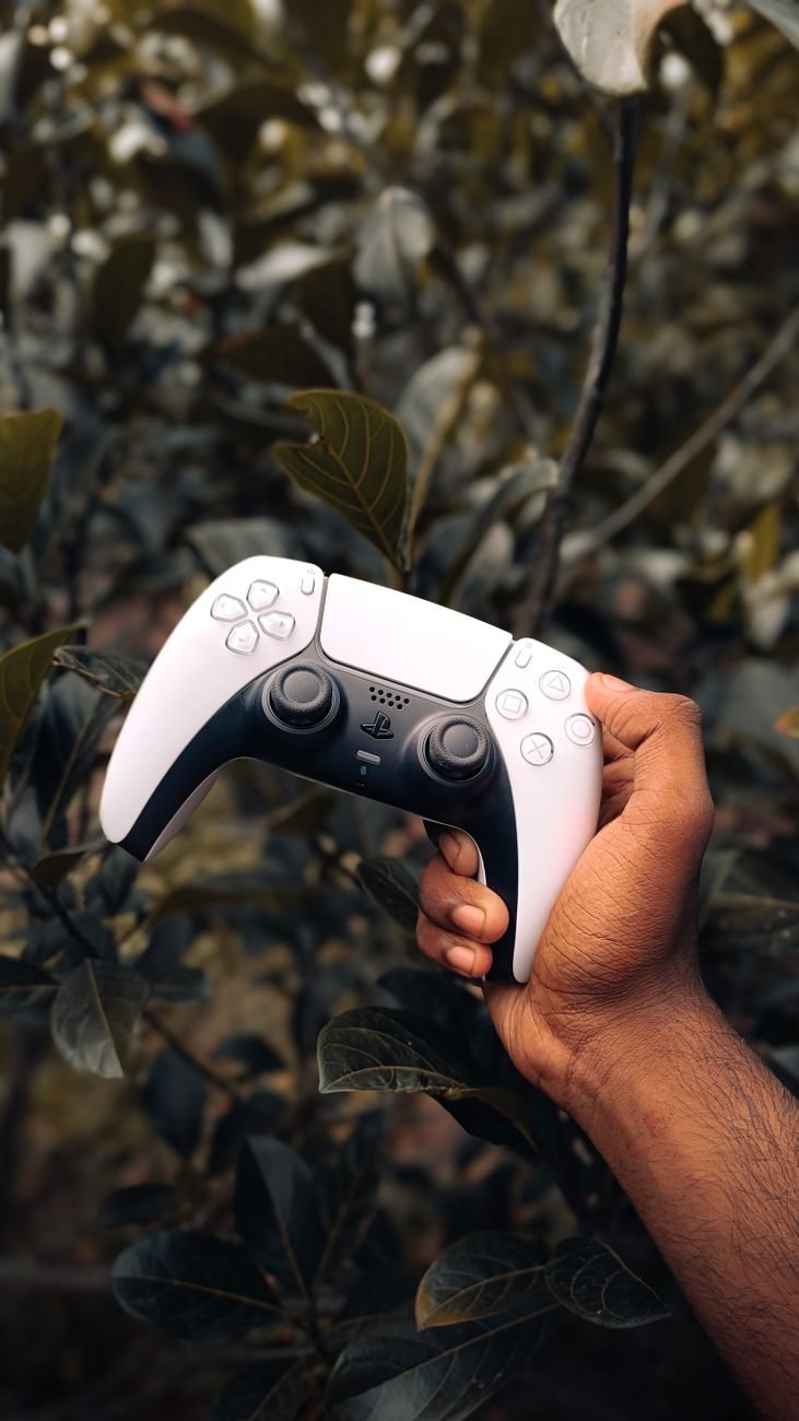 hand holding gaming controller in nature