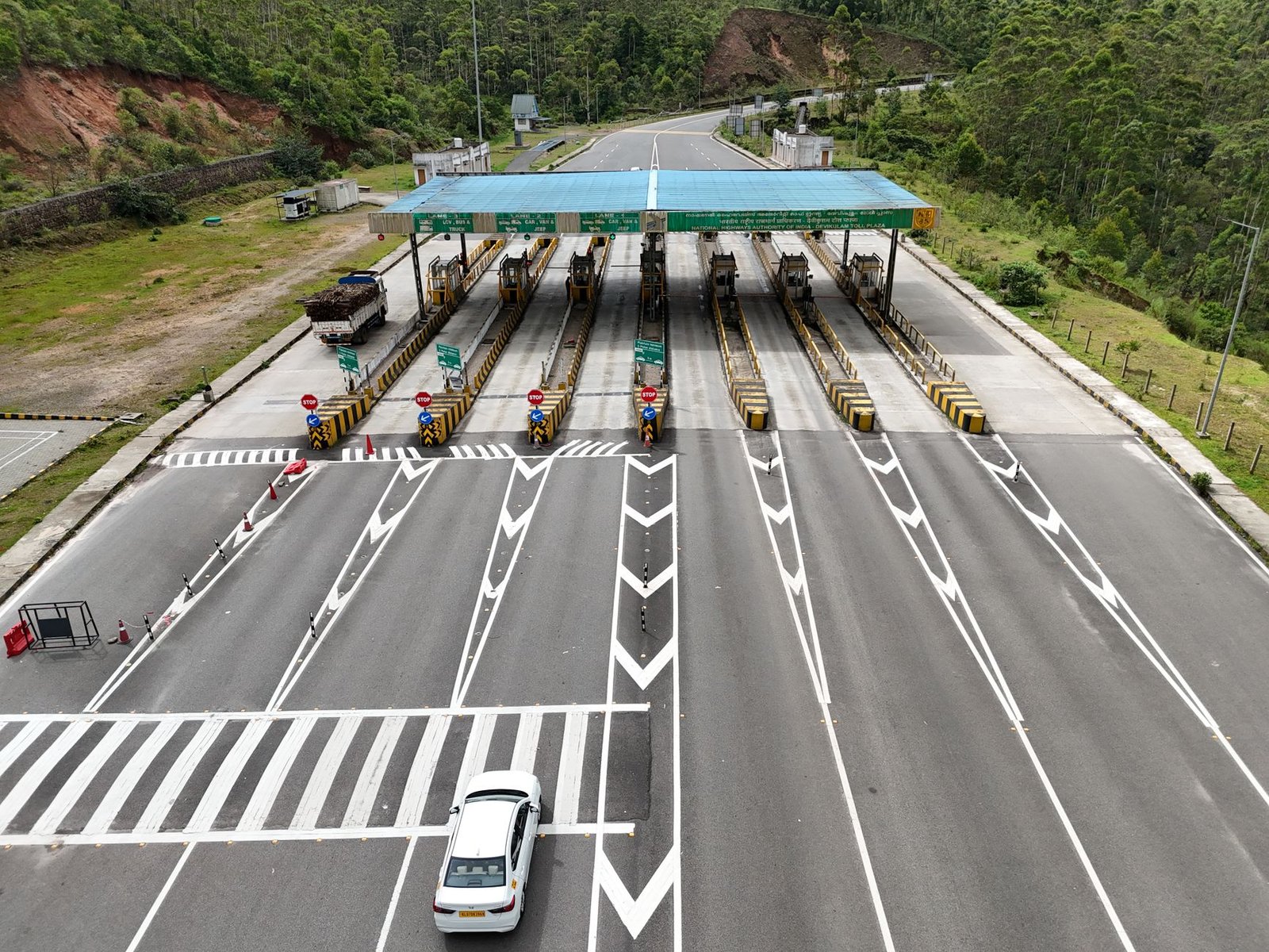 aerial view of empty toll booth on highway